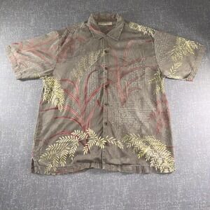 Tommy Bahama Shirt Mens Large Gray Silk Hawaiian Aloha Leaf Print Button‎ Up